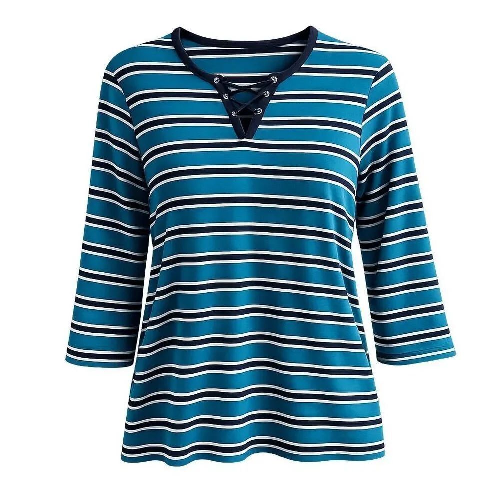 Allison Daley Large Striped Lace-Up Top Blue Coastal Chic Casual Nautical